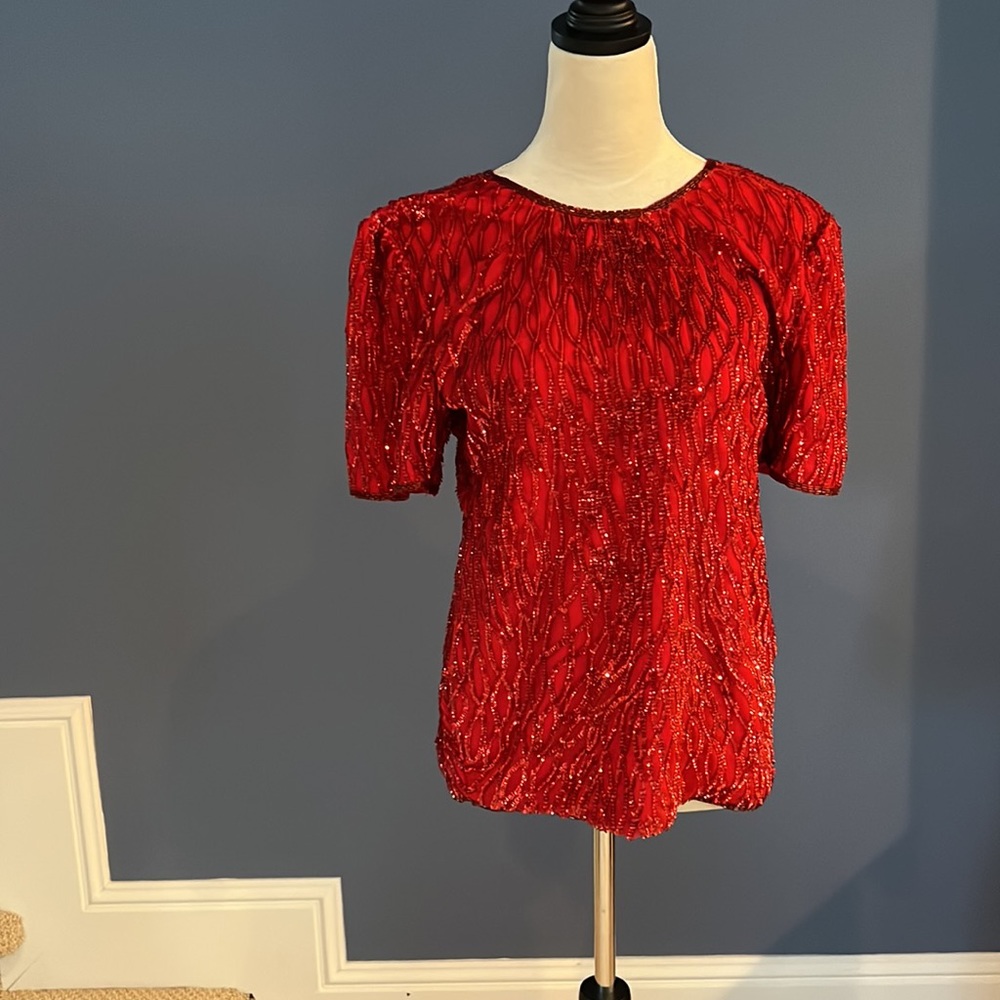 Vintage Laurence Kazar Red Sequin Cocktail Top Short Sleeve Size Small